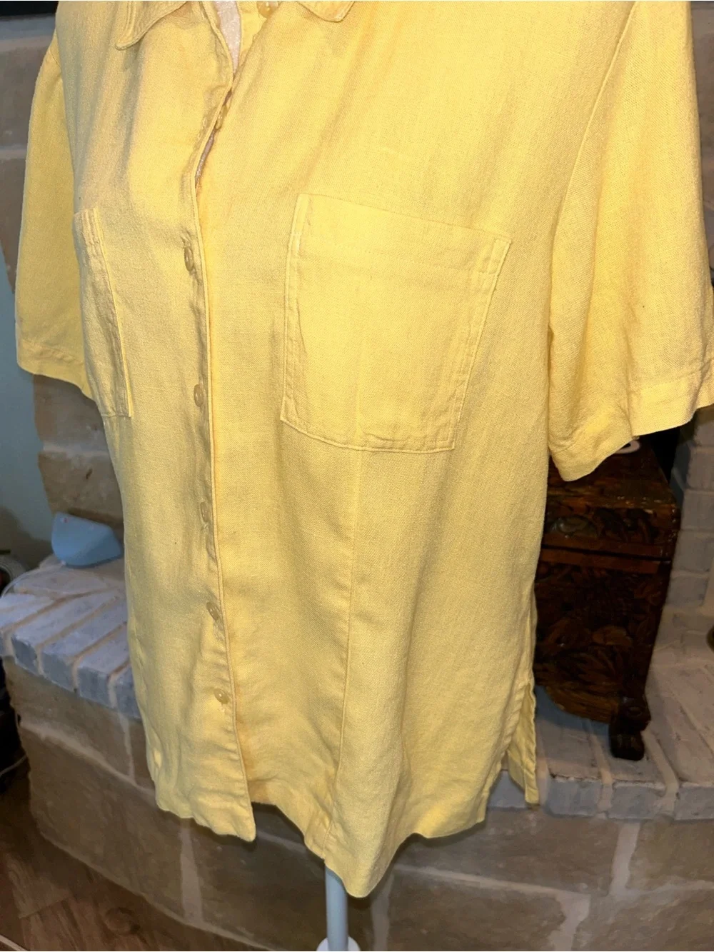 Sharon Young Sunny Yellow Short-Sleeve Linen Button-Front Shirt- Made in The USA - Picture 4 of 10